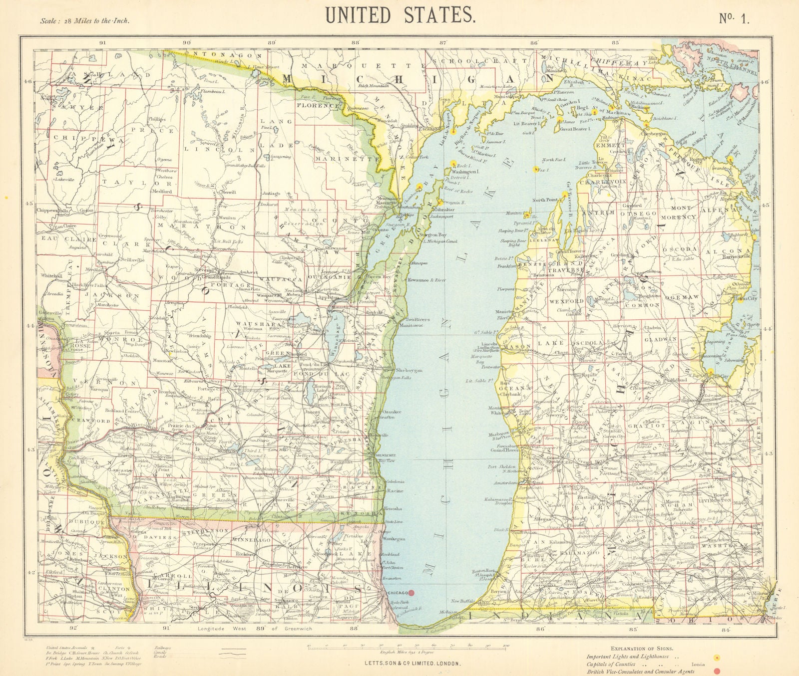 LAKE MICHIGAN. Wisconsin Michigan Chicago. Railroads Lighthouses. LETTS 1892 map